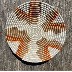 African Handcrafted 11.5” Woven Basket in Cream, Brown, and Orange